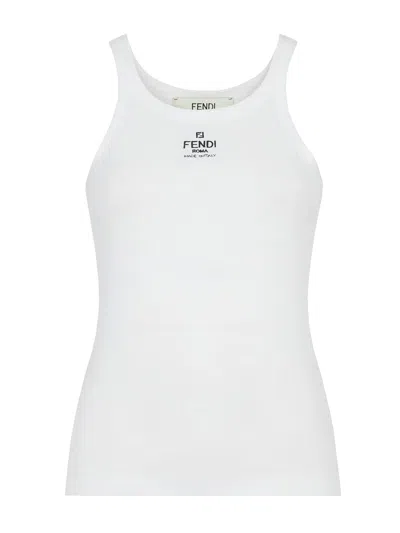 Fendi Women White Ribbed Tank Top With Contrasting Logo Embroidery In Stretch Cotton Woman