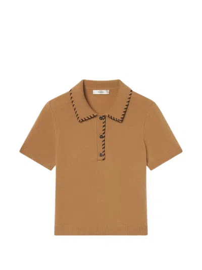 Frame Whipstitched Leather-trimmed Wool And Cashmere-blend Polo Shirt In Brown