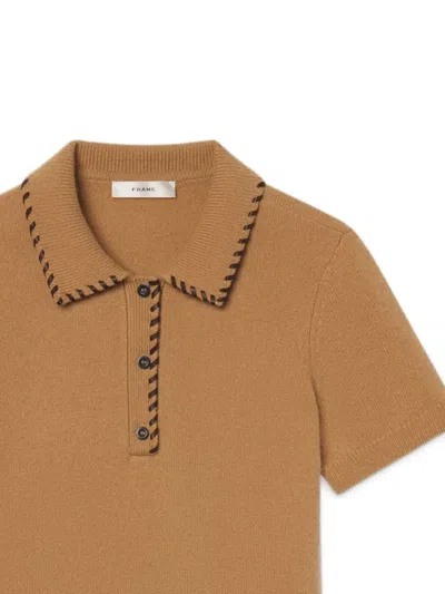 Frame Whipstitched Leather-trimmed Wool And Cashmere-blend Polo Shirt In Brown
