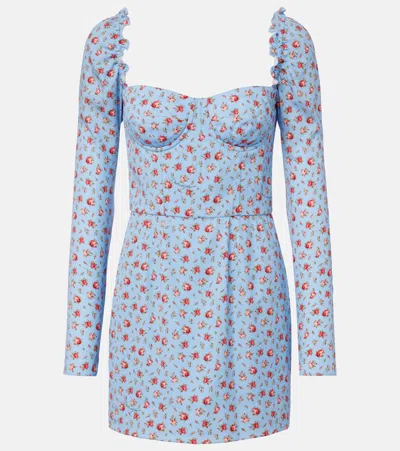 Dolce & Gabbana Small Rose-print Short Charmeuse Dress In Blue