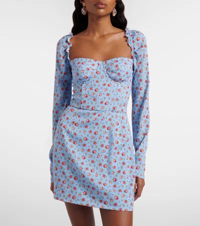 Dolce & Gabbana Small Rose-print Short Charmeuse Dress In Blue