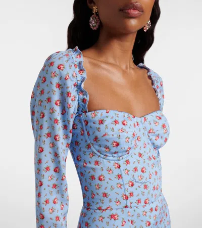 Dolce & Gabbana Small Rose-print Short Charmeuse Dress In Blue