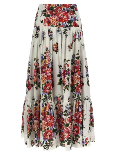 Dolce & Gabbana White Long Skirt With Floral Print And Elasticated Waistband In Cotton Woman