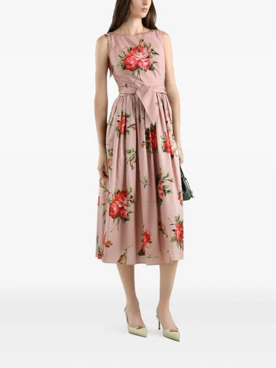 Dolce & Gabbana Abito Midi In Cotone Rosa Con Stampa Fiori Dolce E Gabbana In Pink