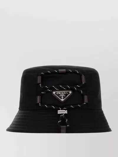 Prada Triangle Logo Drawstring Bucket Hat In Black