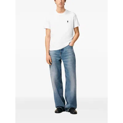 Ami Alexandre Mattiussi Ami Straight-leg Denim Jeans With Faded Blue Wash And Leather Accent