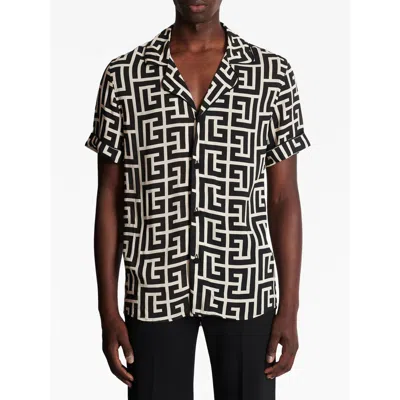 Balmain Monogram Printed Short-sleeved Shirt In Black