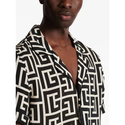 Balmain Monogram Printed Short-sleeved Shirt In Black