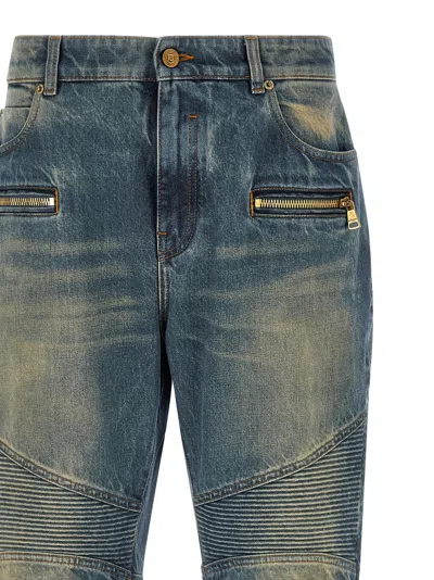 Balmain Regular Biker Denim Pants In Blue