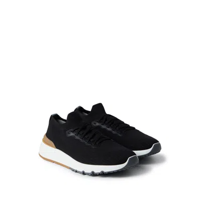 Brunello Cucinelli Cotton Knit And Semi-polished Calfskin Runner Sneakers In Multi