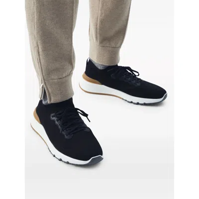 Brunello Cucinelli Cotton Knit And Semi-polished Calfskin Runner Sneakers In Multi