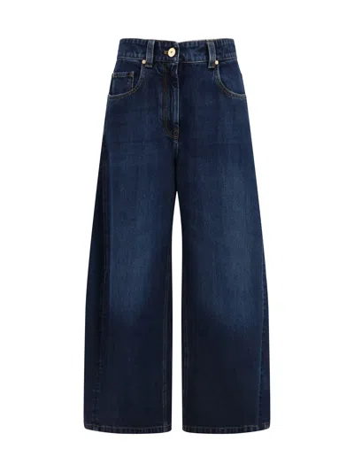 Brunello Cucinelli Women Blue Jeans With Five-pocket Design And Patch Logo On The Back In Denim Woma In Blue