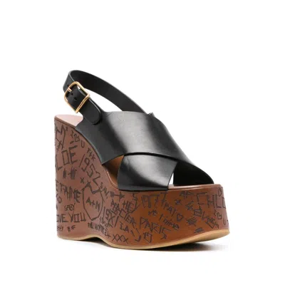 Chloé Maxime Black Wedges With High Embossed High Wedge Heel And Crossover Strap On The Toe In Leather Wom In Black