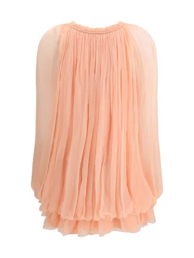 Chloé Women Pink Mini Dress With Drawstring On The Front And Cape Design In Silk Woman In Neutral