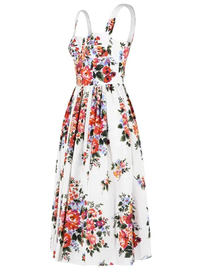 Dolce & Gabbana White Cotton Midi Dress With Floral Print Dolce E Gabbana In Multi