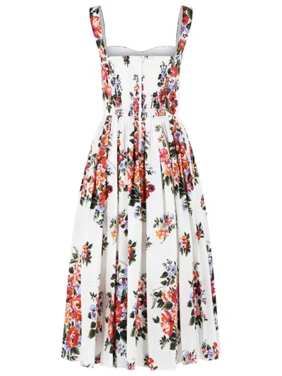Dolce & Gabbana White Cotton Midi Dress With Floral Print Dolce E Gabbana In Multi