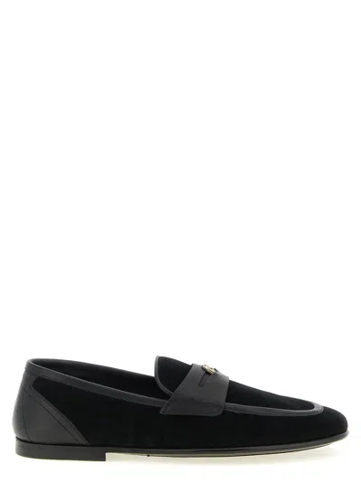 Dolce & Gabbana Ariosto Black Loafers With Metallic Dg Logo Plate On The Front In Leather And Suede Man In Black