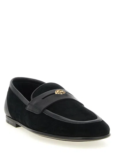 Dolce & Gabbana Ariosto Black Loafers With Metallic Dg Logo Plate On The Front In Leather And Suede Man In Black