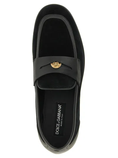 Dolce & Gabbana Ariosto Black Loafers With Metallic Dg Logo Plate On The Front In Leather And Suede Man In Black