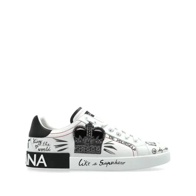 Dolce & Gabbana White Low Top Sneakers With Logo Patch On The Tongue And All-over Print In Leather Man In Black