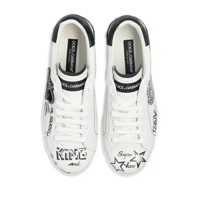 Dolce & Gabbana White Low Top Sneakers With Logo Patch On The Tongue And All-over Print In Leather Man In Black