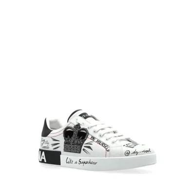 Dolce & Gabbana White Low Top Sneakers With Logo Patch On The Tongue And All-over Print In Leather Man In Black