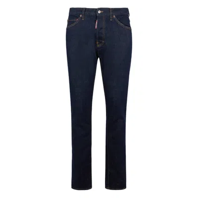 Dsquared2 Five-pocket Button-up Jeans With Logo Patch In Blue