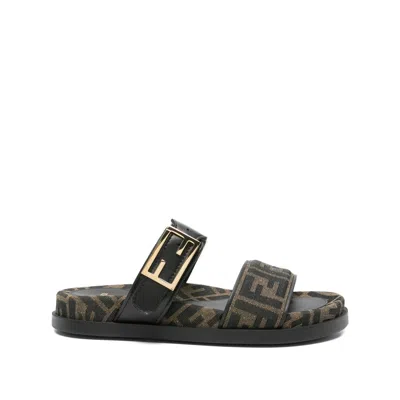 Fendi Leather Sandals With Double Strap And Buckle In Multi