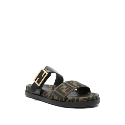 Fendi Leather Sandals With Double Strap And Buckle In Multi