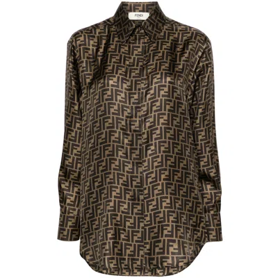 Fendi Silk Shirt With Curved Hem And Fabric-covered Buttons In Brown