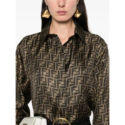 Fendi Silk Shirt With Curved Hem And Fabric-covered Buttons In Brown