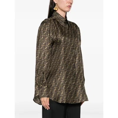 Fendi Silk Shirt With Curved Hem And Fabric-covered Buttons In Brown