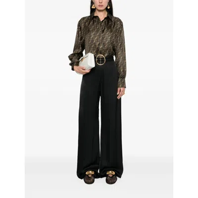 Fendi Silk Shirt With Curved Hem And Fabric-covered Buttons In Brown