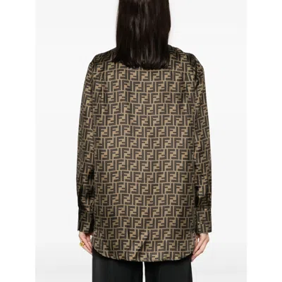 Fendi Silk Shirt With Curved Hem And Fabric-covered Buttons In Brown