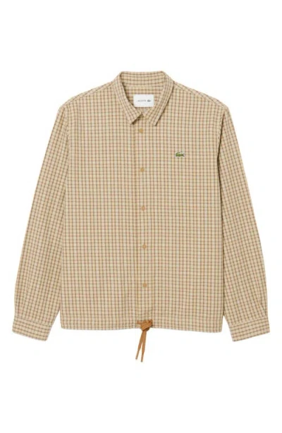 Lacoste Oversize Drawstring Hem Snap Front Overshirt In Brown