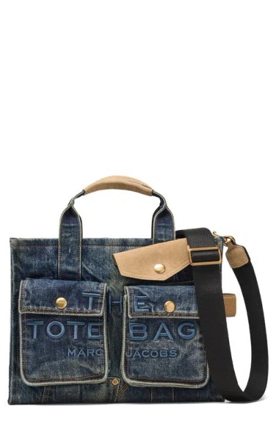 Marc Jacobs The Denim Suede Medium Cargo Tote Bag Dark Wash Indigo In Blue