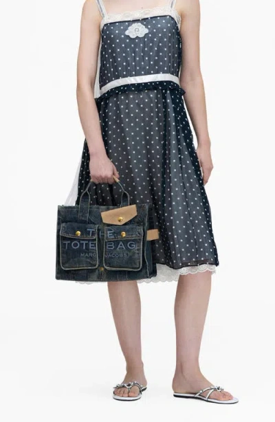 Marc Jacobs The Denim Suede Medium Cargo Tote Bag Dark Wash Indigo In Blue