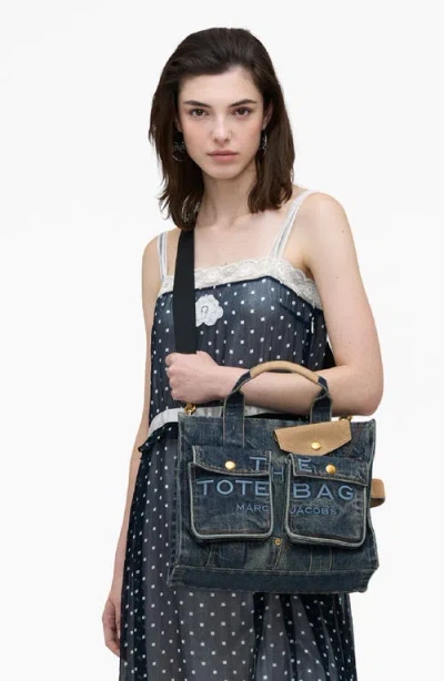 Marc Jacobs The Denim Suede Medium Cargo Tote Bag Dark Wash Indigo In Blue