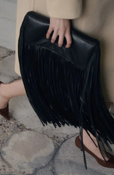 Mango Fringe Leather Clutch In Black