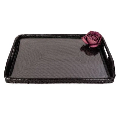 Artifacts Trading Company ™ Artifacts Rattan Rectangular Tray With Glass Insert In Black
