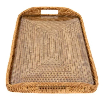 Artifacts Trading Company ™ Artifacts Rattan Rectangular Tray With Glass Insert In Brown