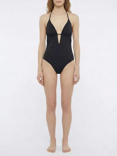 Tory Burch Halter Neck Plunge Swimsuit Ring Detail In Black