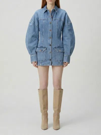 Attico Denim Mini Dress Front Pockets Long Sleeves In Blue