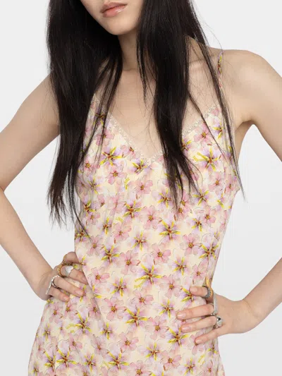 Zadig & Voltaire Ramelil Mirror Flowers Lace Trim Crepe Slipdress In Neutral