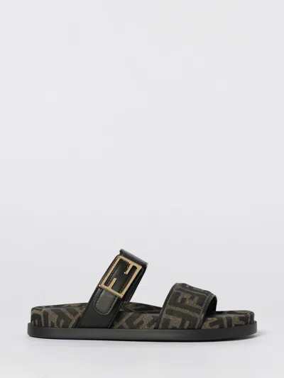 Fendi Leather Sandals With Double Strap And Buckle In Black
