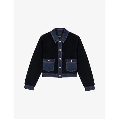 Maje Denim-trim Shearling Jacket In Blue