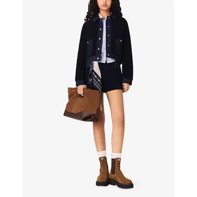 Maje Denim-trim Shearling Jacket In Blue