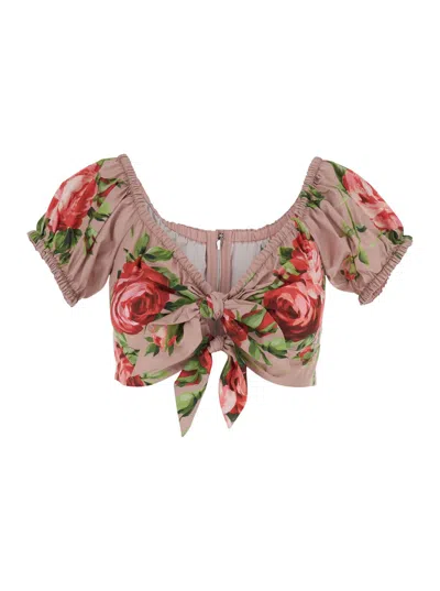 Dolce & Gabbana Pink Crop Top With Floral Print And Double Knot In Cotton Woman In Gray