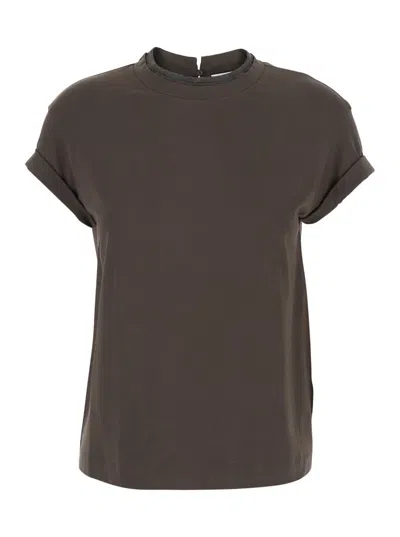 Brunello Cucinelli Crystal-embellished Stretch-cotton T-shirt In Green