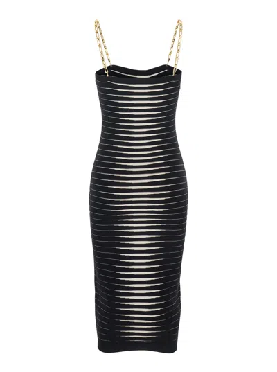 Elisabetta Franchi Striped-pattern Chain-strap Midi Dress In Black